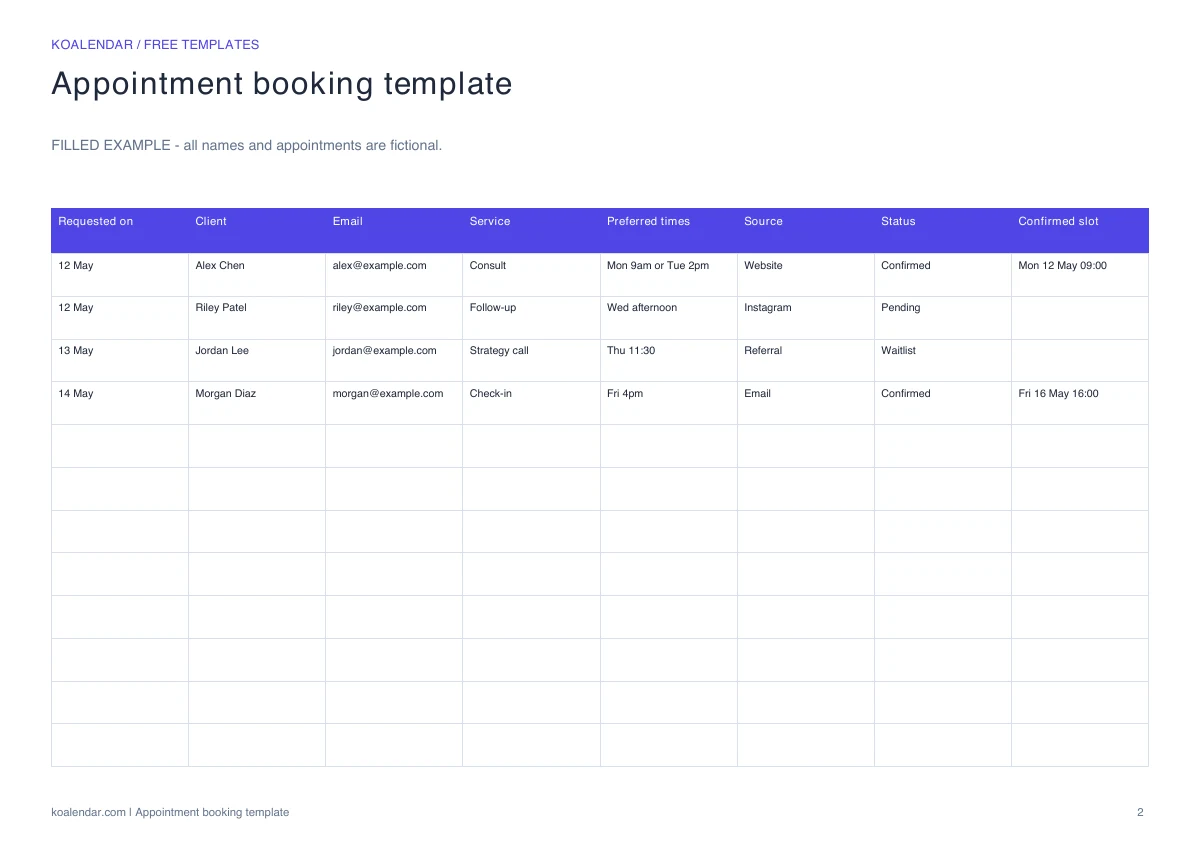Appointment booking template: filled example with fictional details