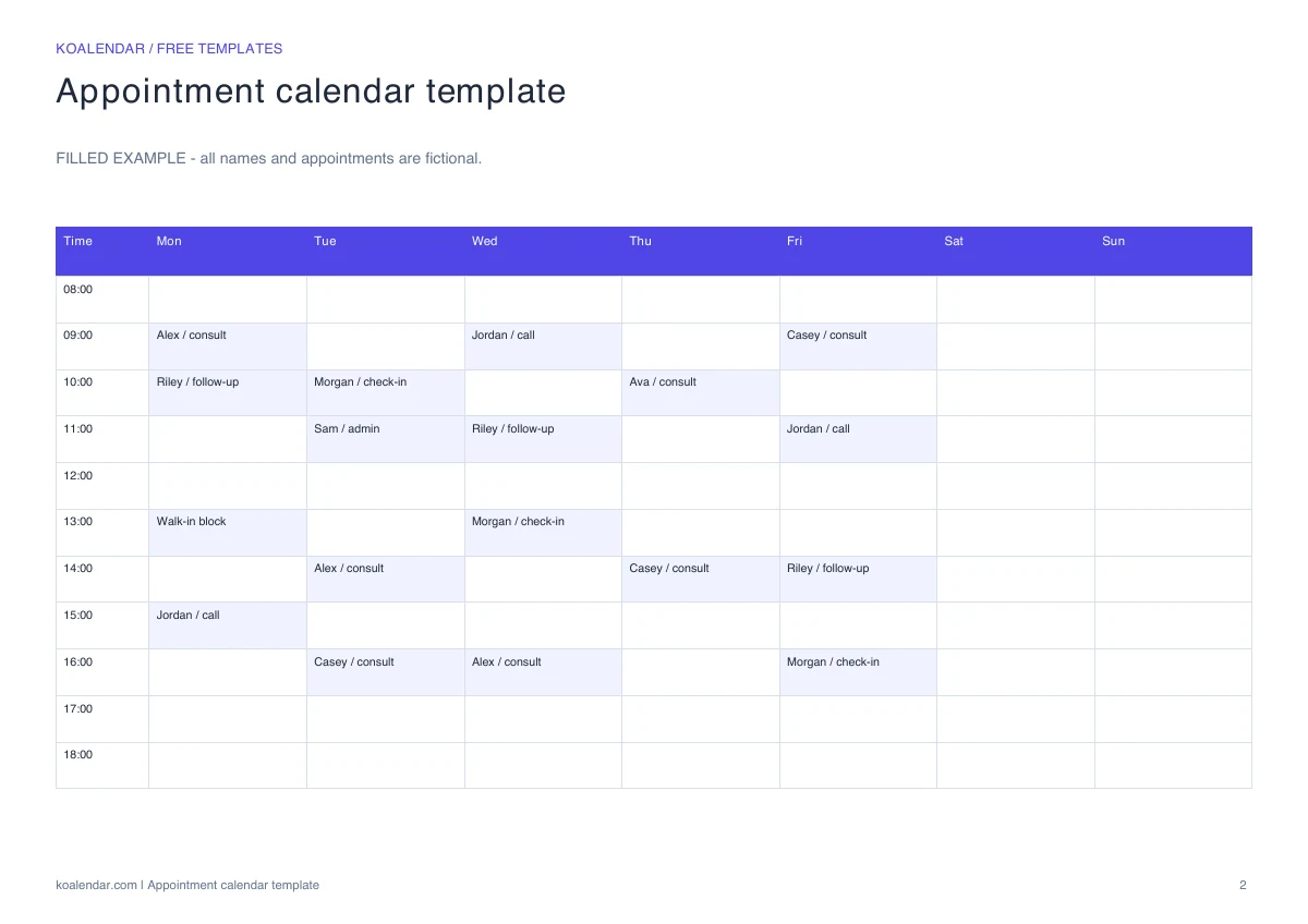 Appointment calendar template: filled example with fictional details