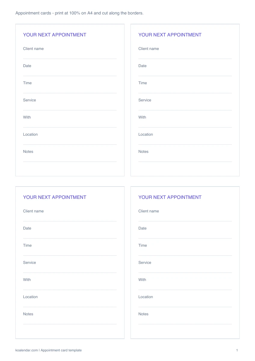 Appointment card template: blank printable layout