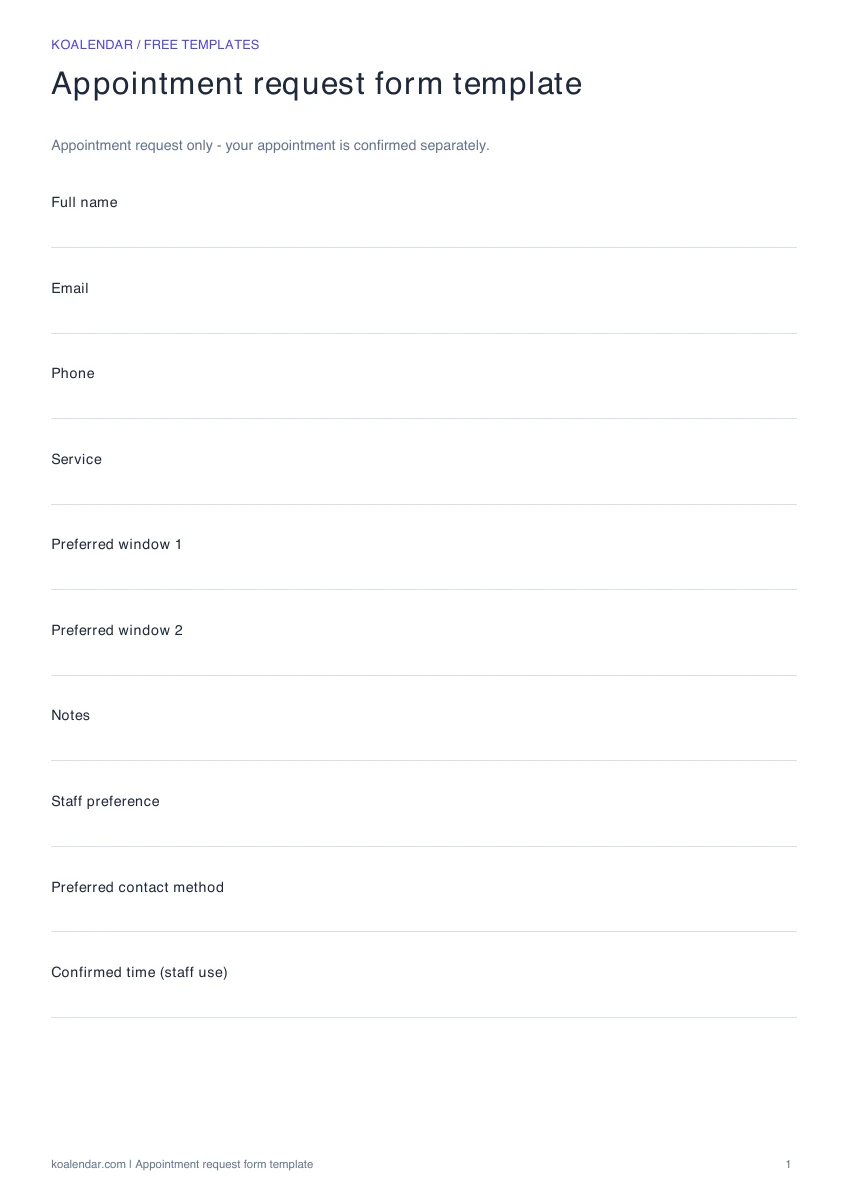 Appointment request form template: blank printable layout