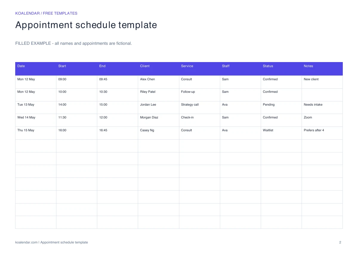 Appointment schedule template: filled example with fictional details