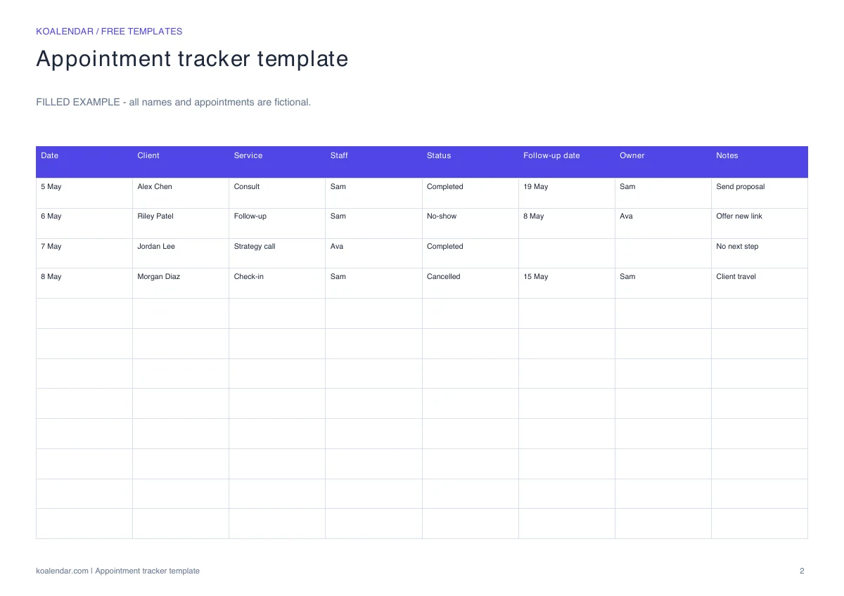 Appointment tracker template: filled example with fictional details