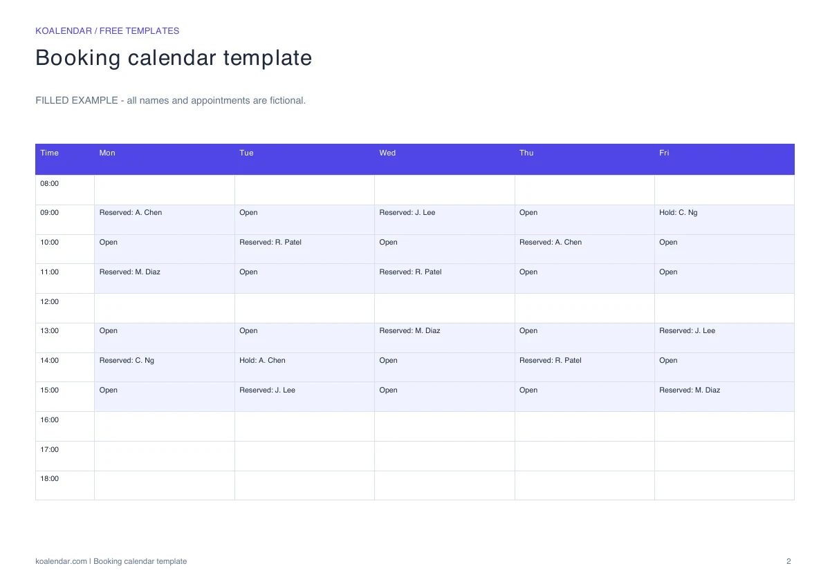 Booking calendar template: filled example with fictional details