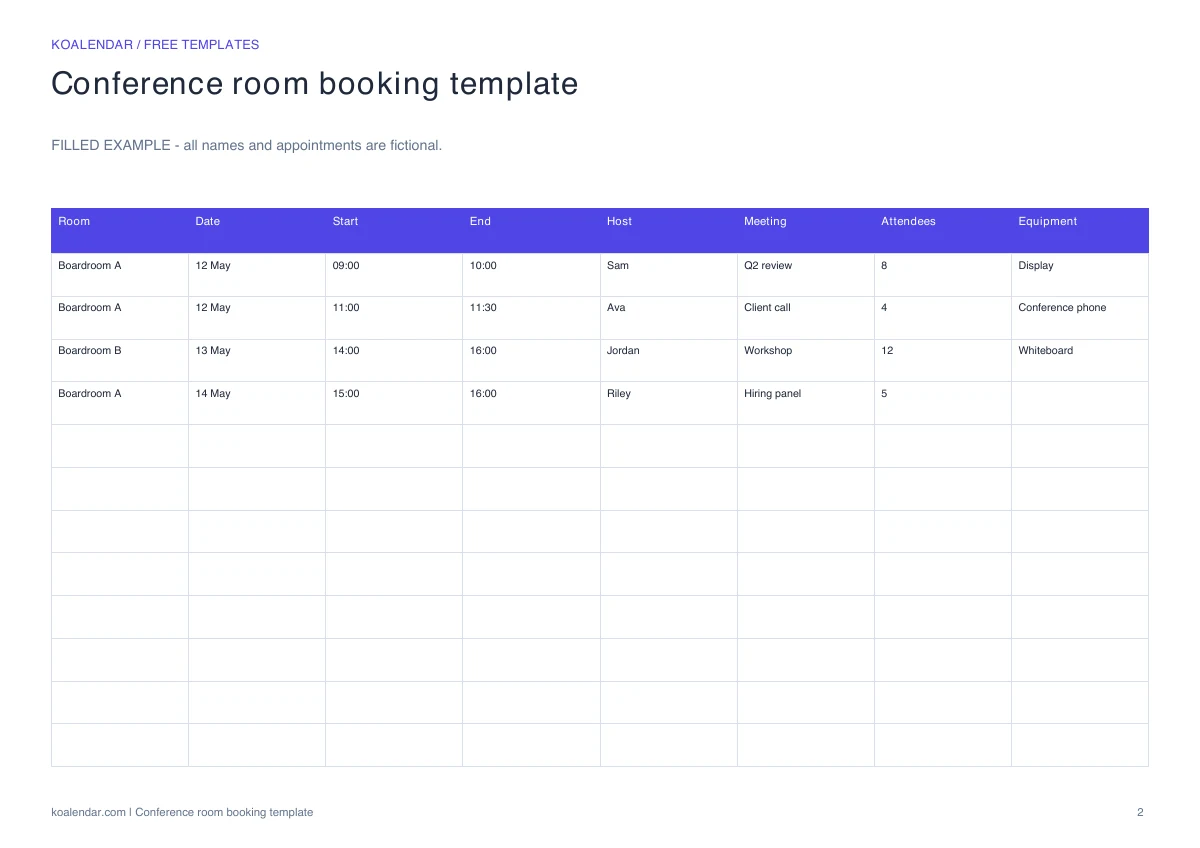 Conference room booking template: filled example with fictional details