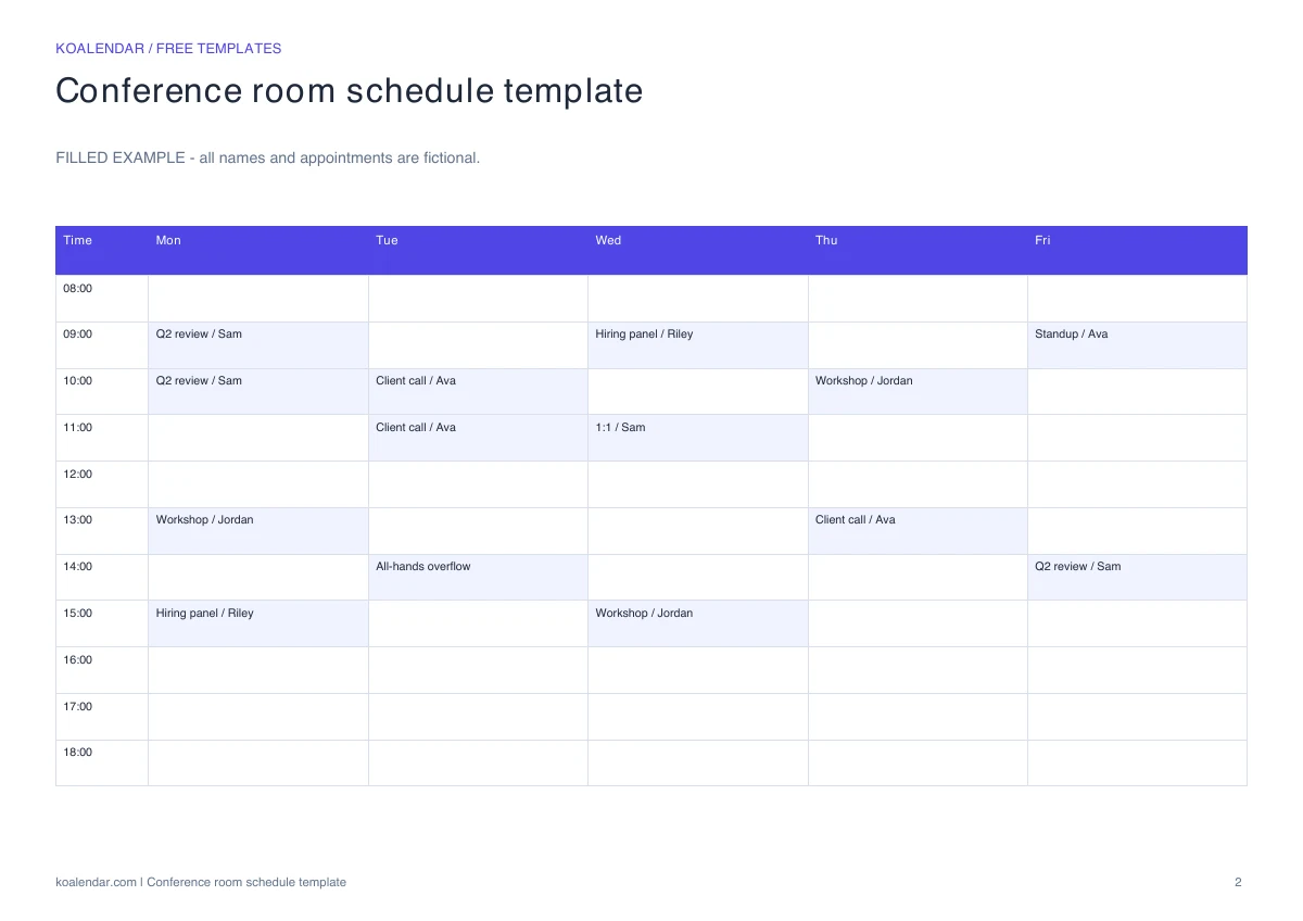 Conference room schedule template: filled example with fictional details