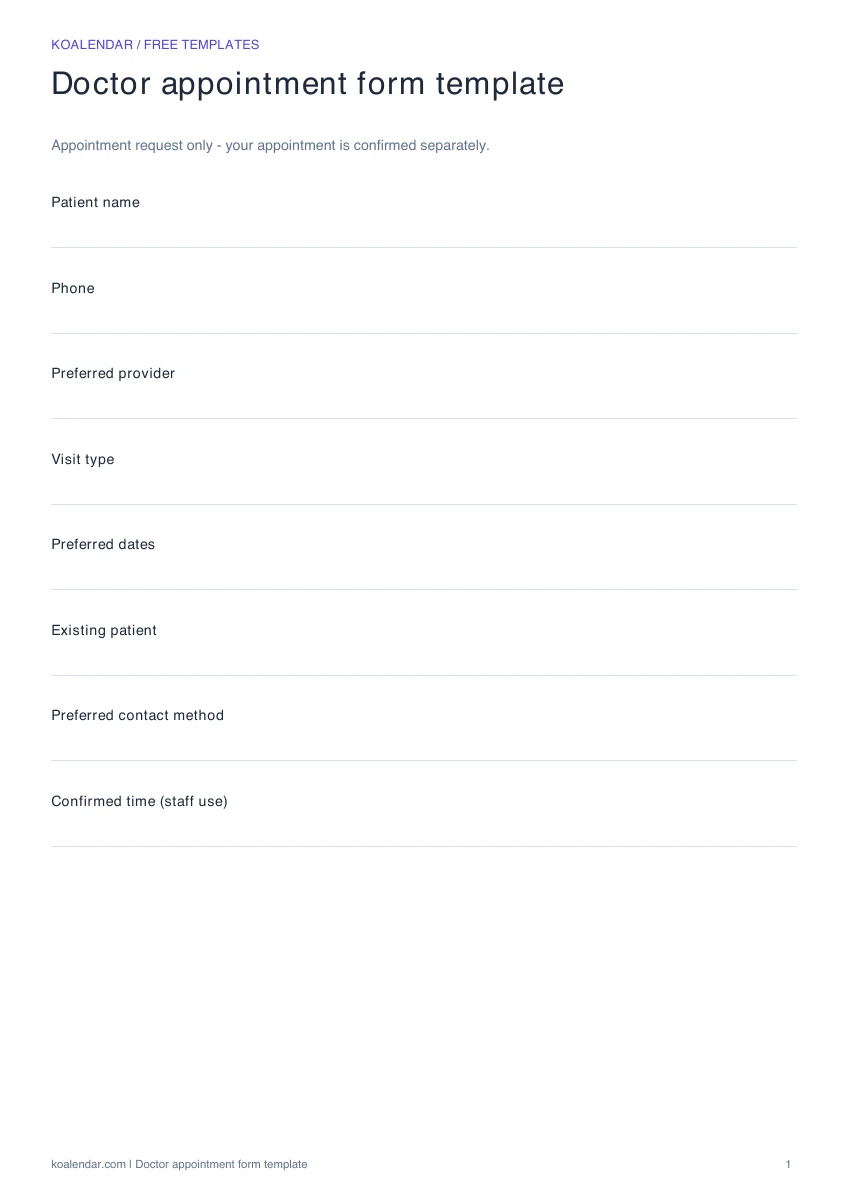 Doctor appointment form template: blank printable layout