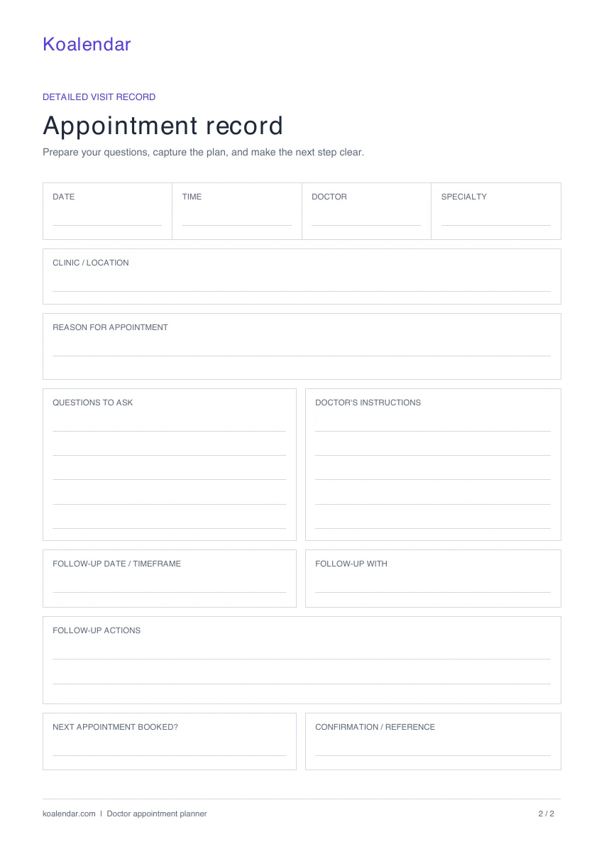 Detailed doctor visit record with space for questions, doctor's instructions, and follow-up actions