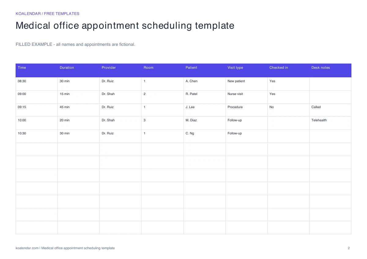 Medical office appointment scheduling template: filled example with fictional details