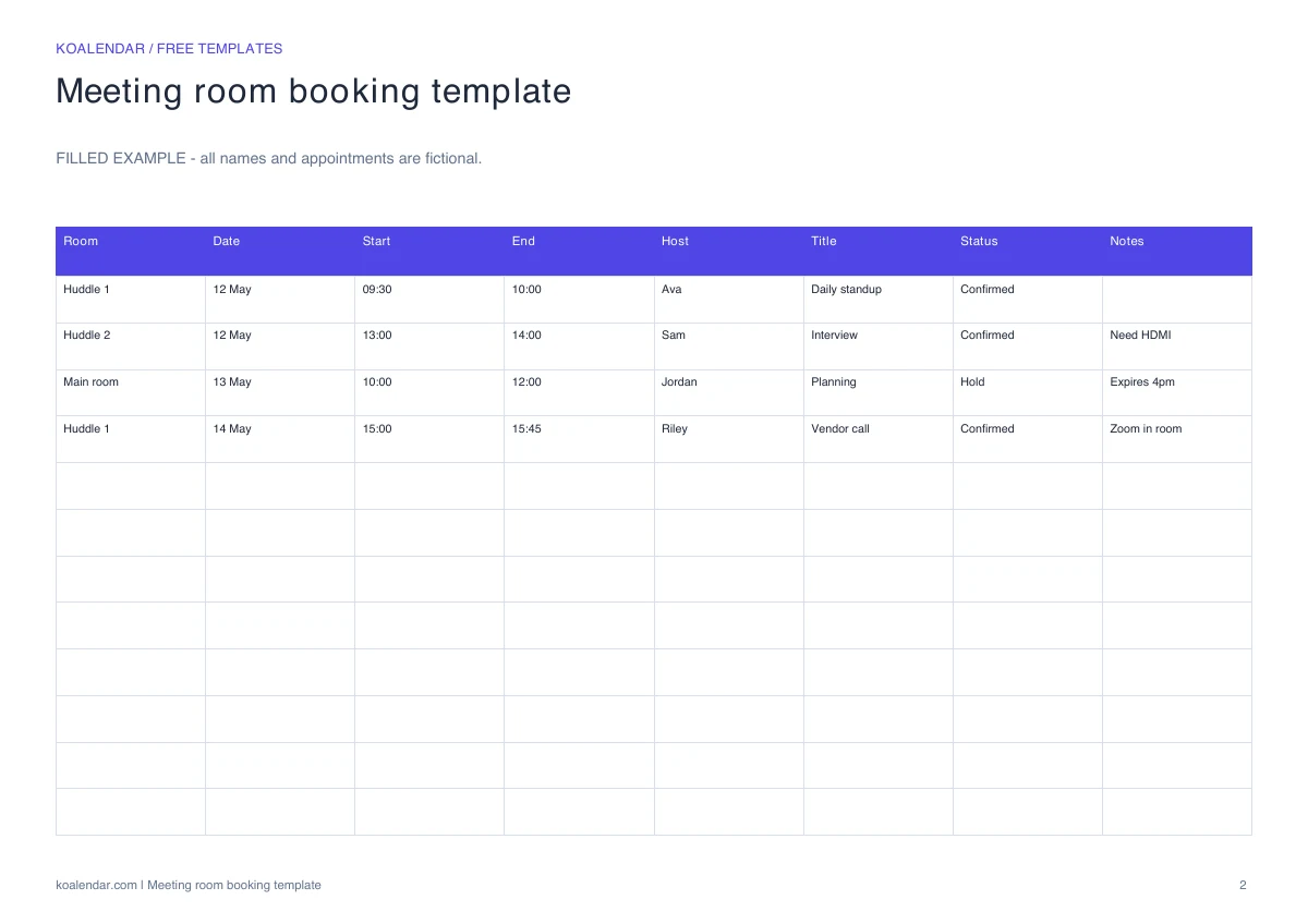 Meeting room booking template: filled example with fictional details