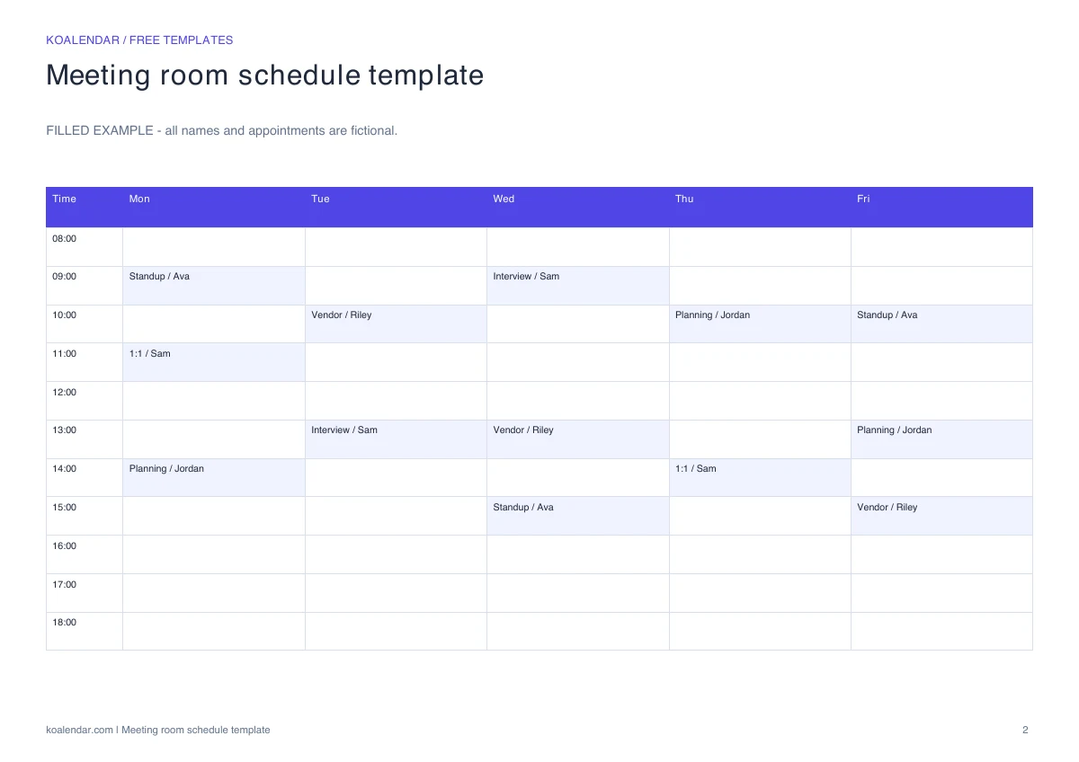 Meeting room schedule template: filled example with fictional details