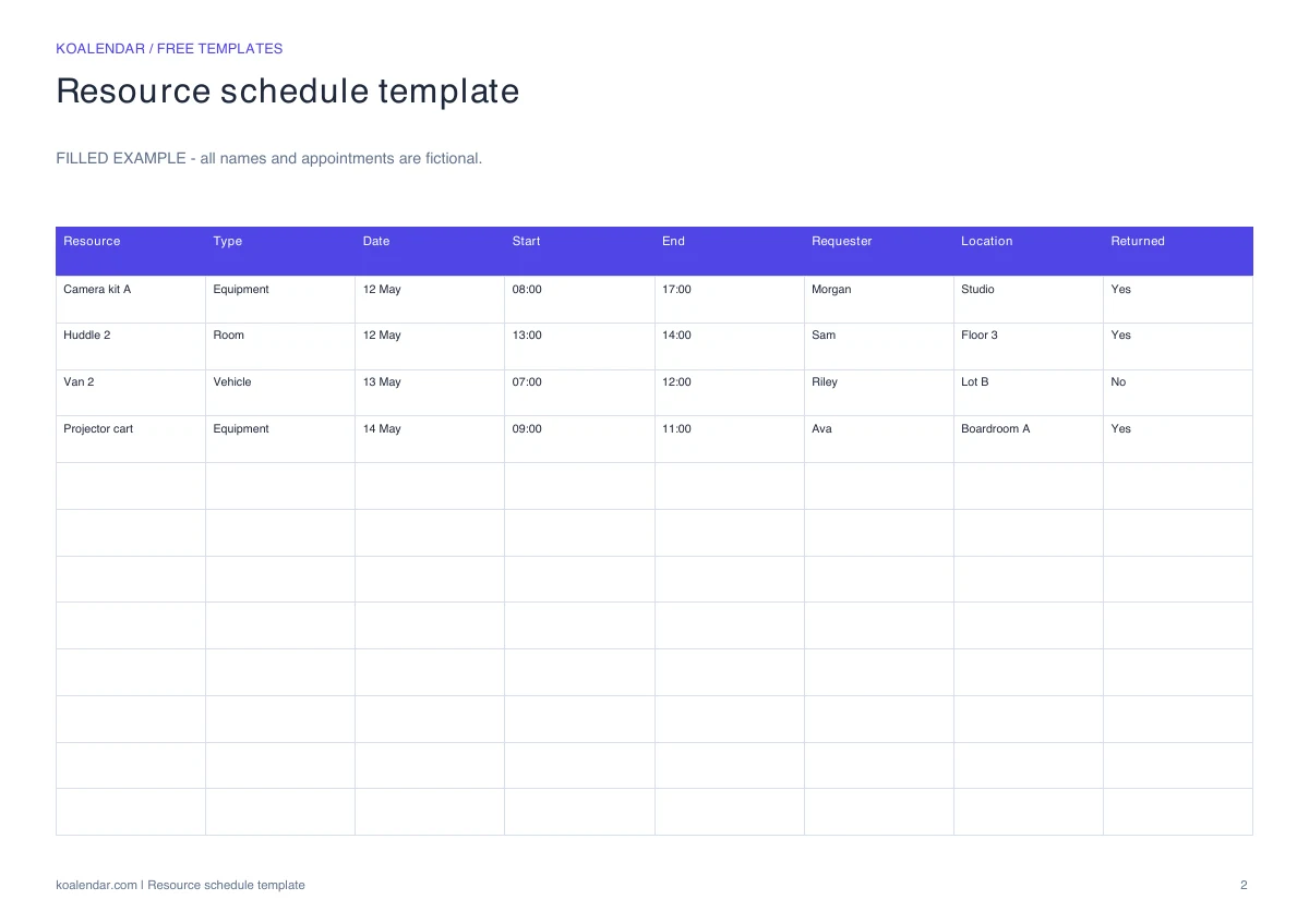 Resource schedule template: filled example with fictional details